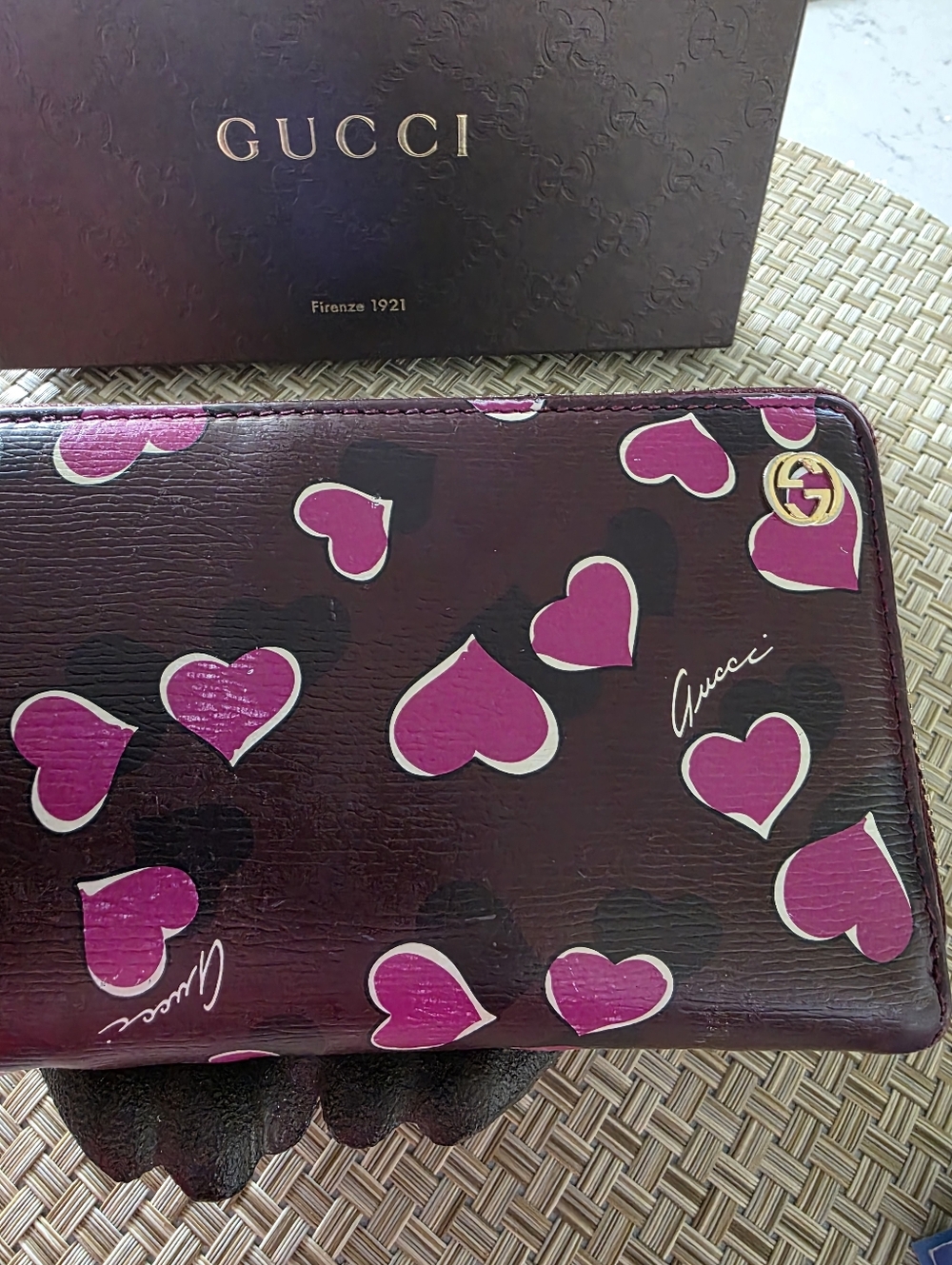 Gucci Burgundy Wallet with Pink Heart Print
